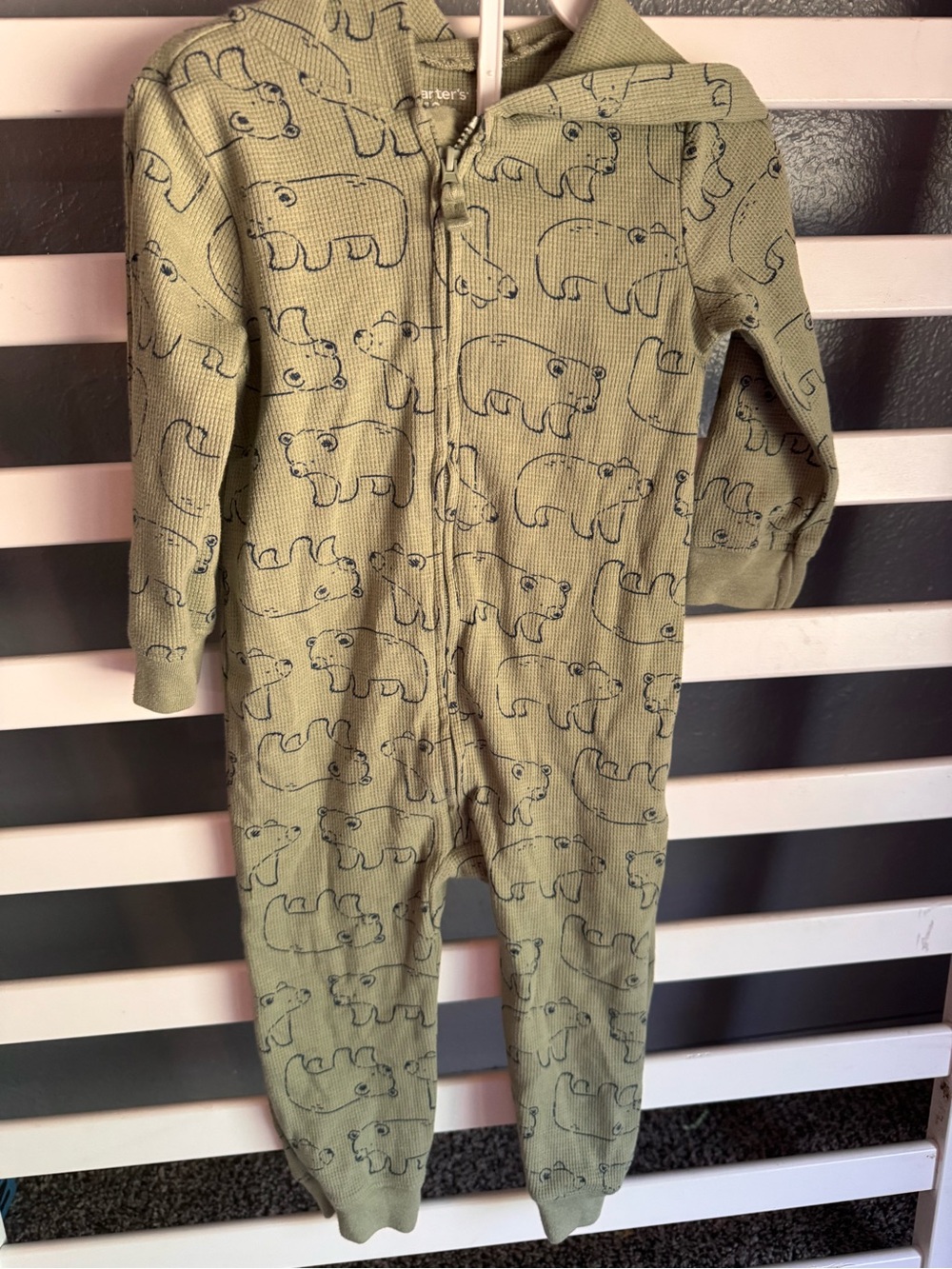 Carter's Olive Green Bear-Print Zip Hooded One-Piece